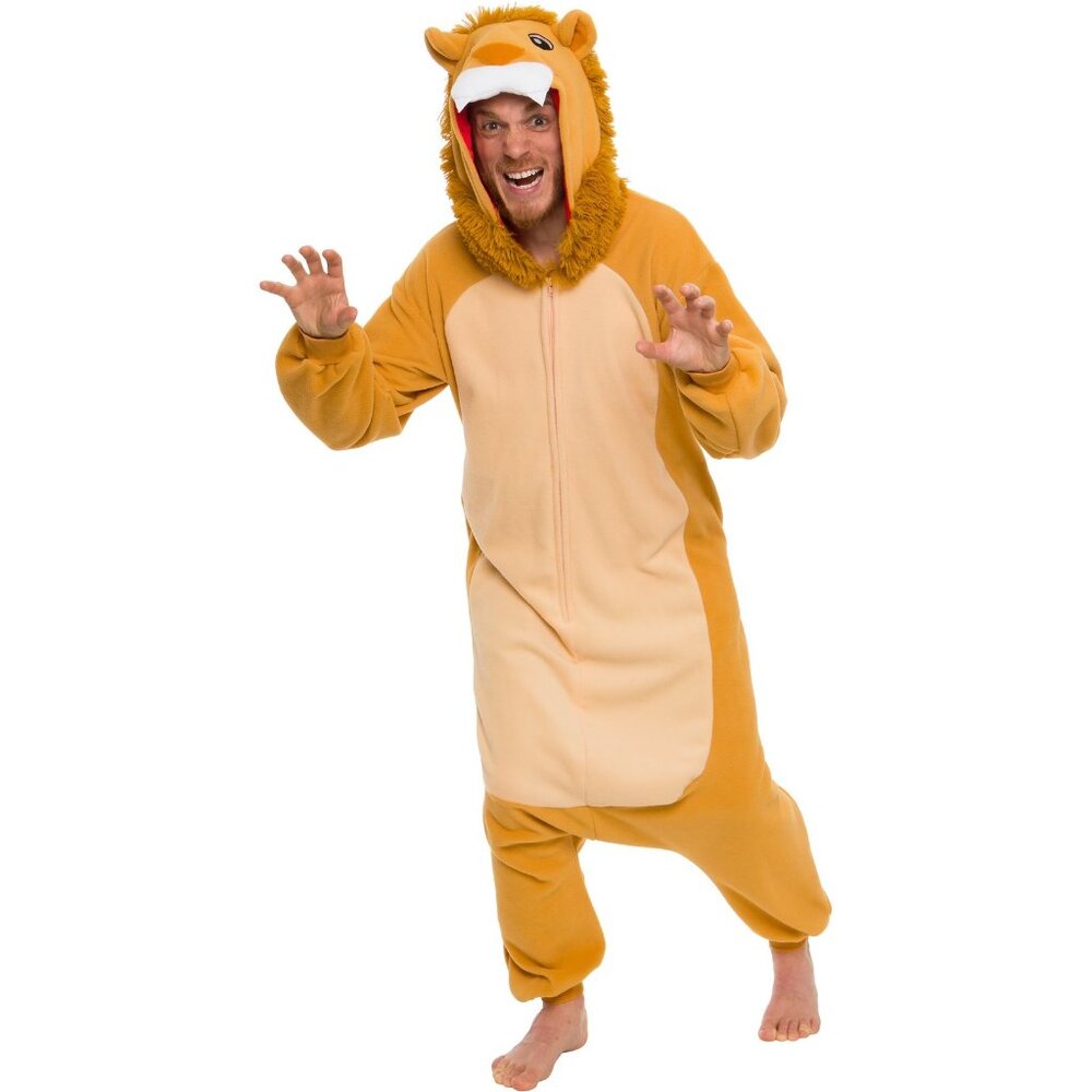 Silver Lilly Plush Lion Costume - Adult One-Piece Animal Pajamas Size S